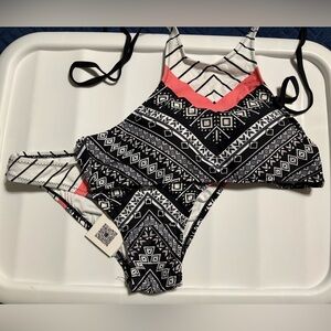 Cupshe Geometric Black and White Swimsuit with Pink Accents and high neck